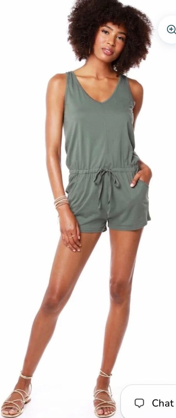 Bobi Center Seam Romper Dark Sage 100% Cotton Drawstring Pocket Small NWOT